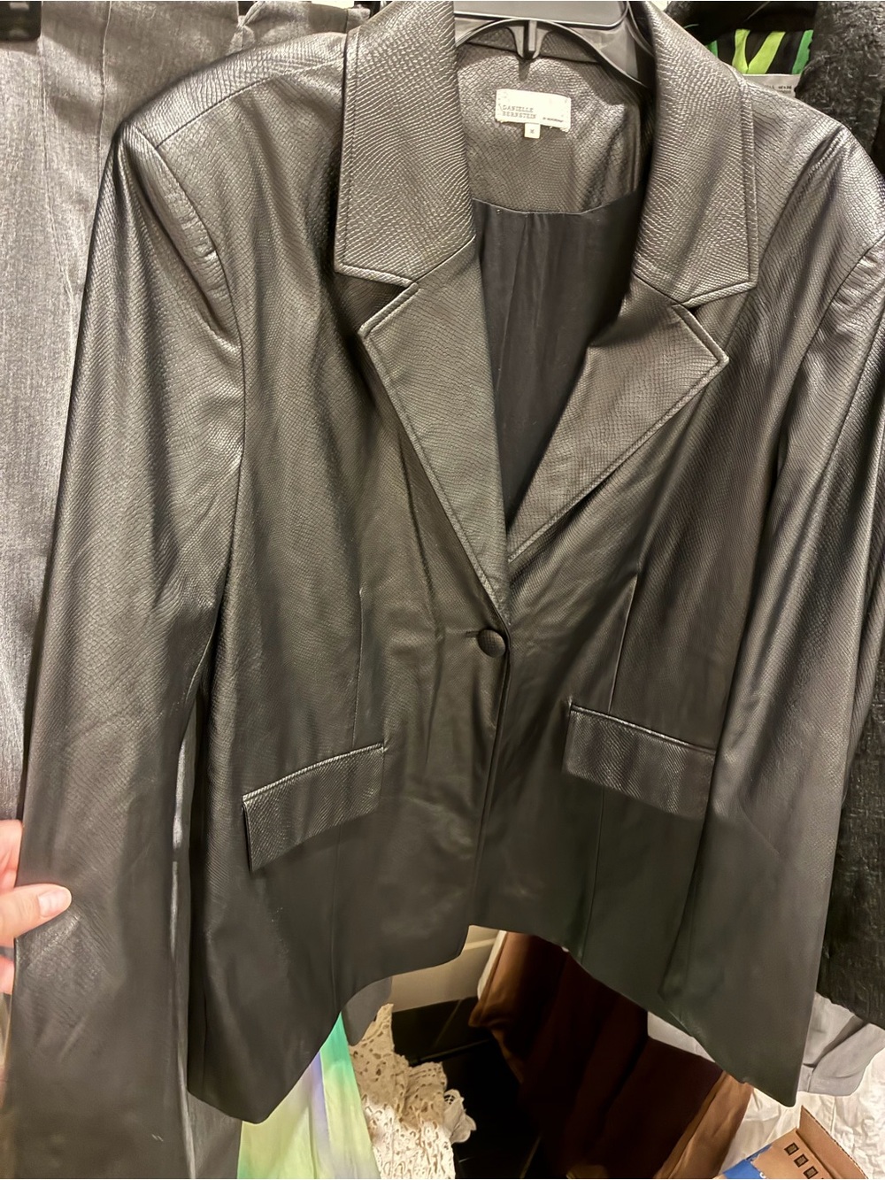 DANIELLE BERNSTEIN Black Faux Leather Blazer Jacket